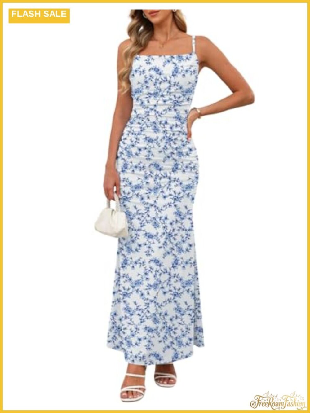 Women Sexy Ruched Bodycon Maxi Dress Backless Floral Beach Party